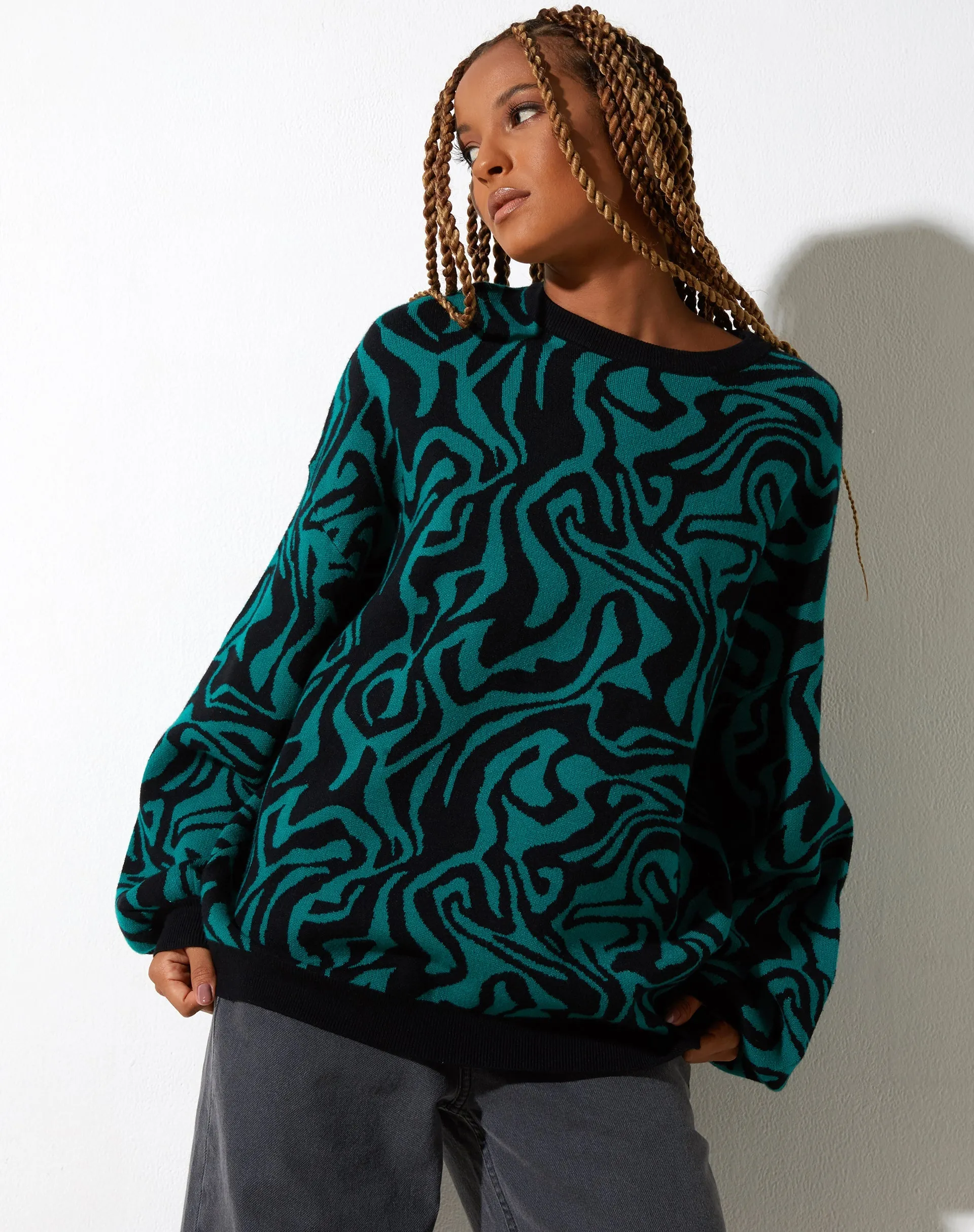 Mably Jumper in Jagged Swirl Green and Black