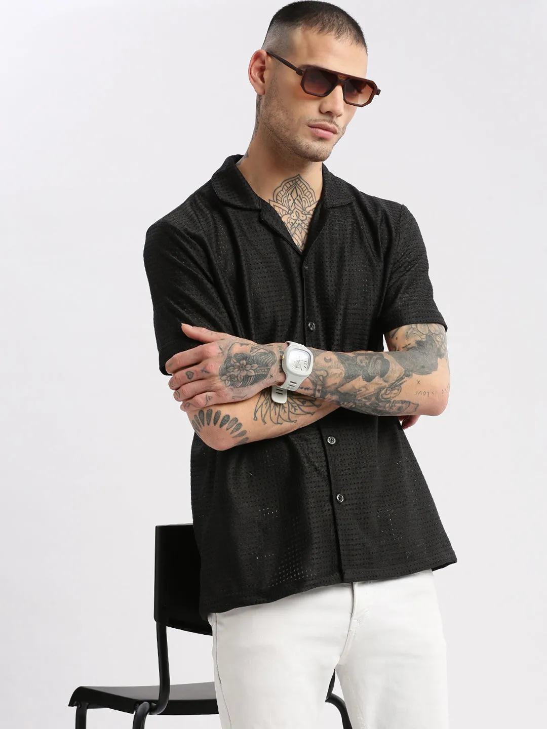 Men Cuban Collar Solid Black Crochet Shirt