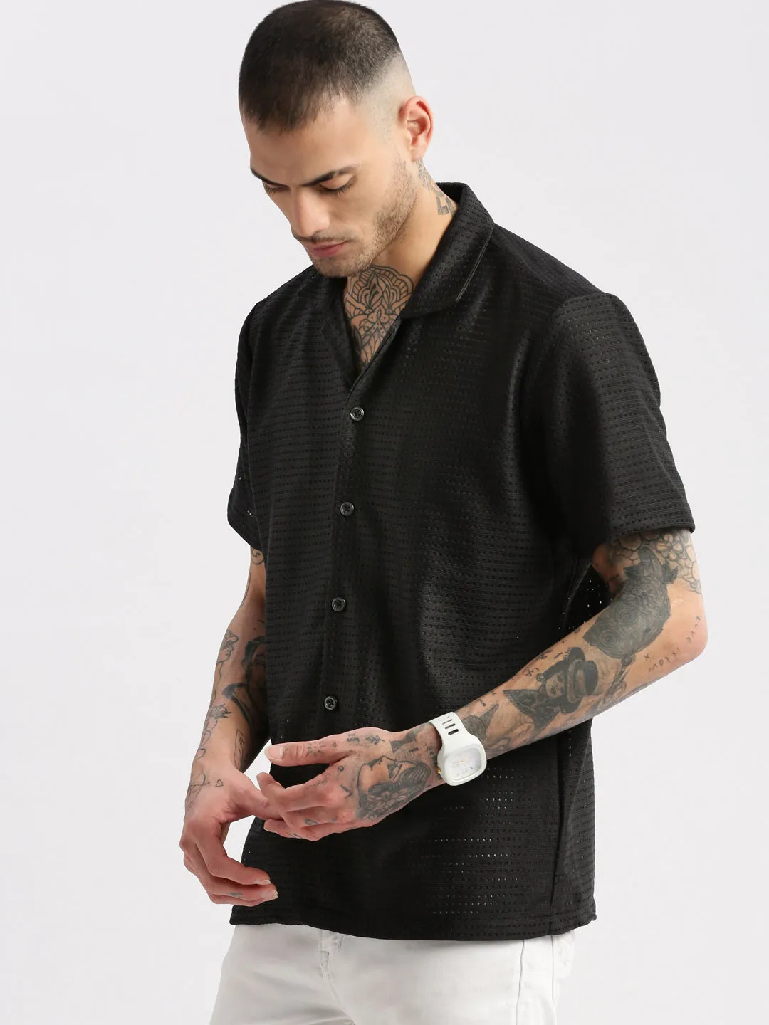 Men Cuban Collar Solid Black Crochet Shirt