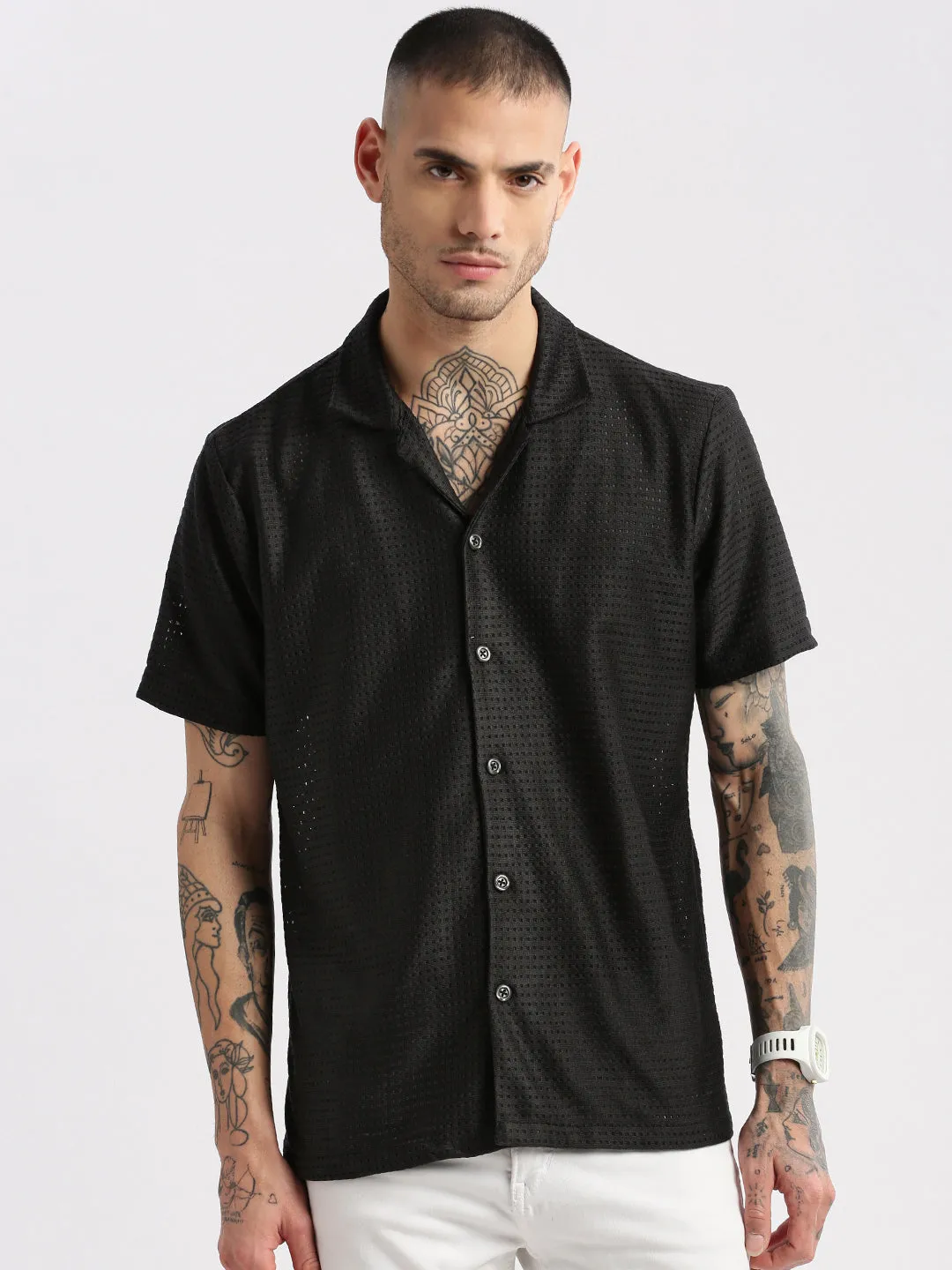 Men Cuban Collar Solid Black Crochet Shirt