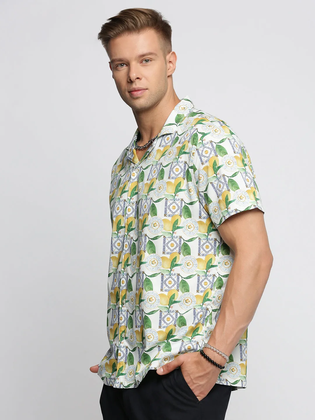 Men Green Cuban Collar Graphic Shirt