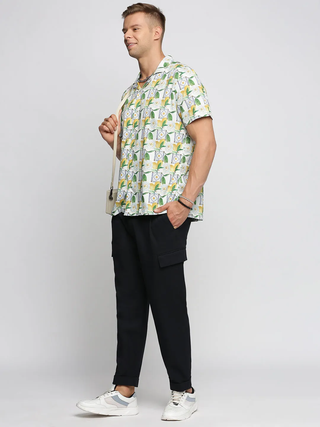 Men Green Cuban Collar Graphic Shirt