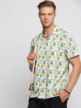 Men Green Cuban Collar Graphic Shirt