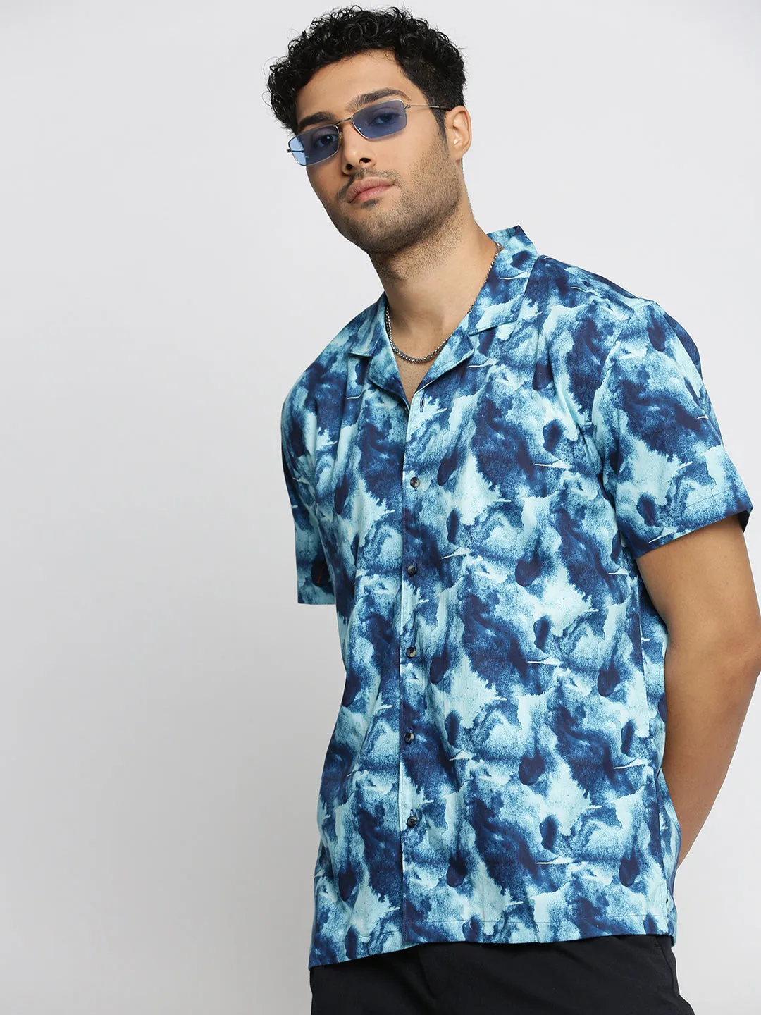 Men Teal Cuban Collar Abstract Shirt