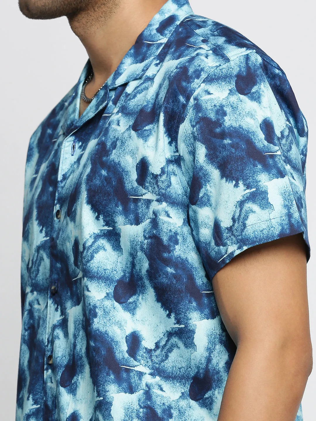 Men Teal Cuban Collar Abstract Shirt