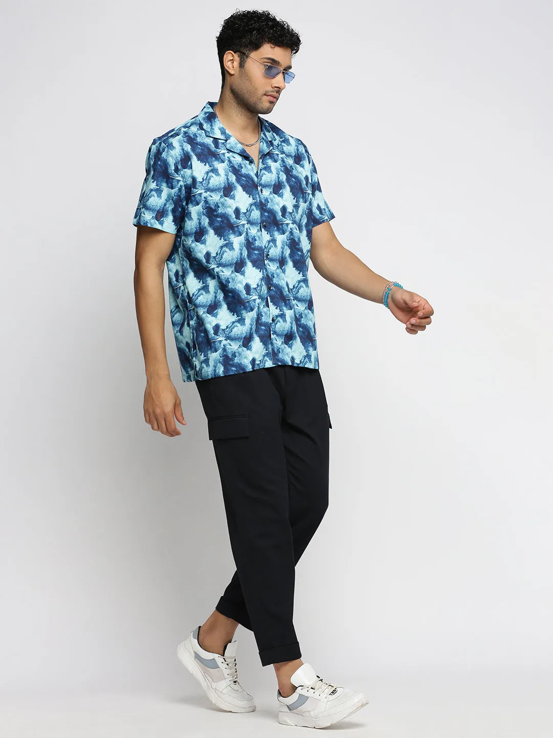 Men Teal Cuban Collar Abstract Shirt