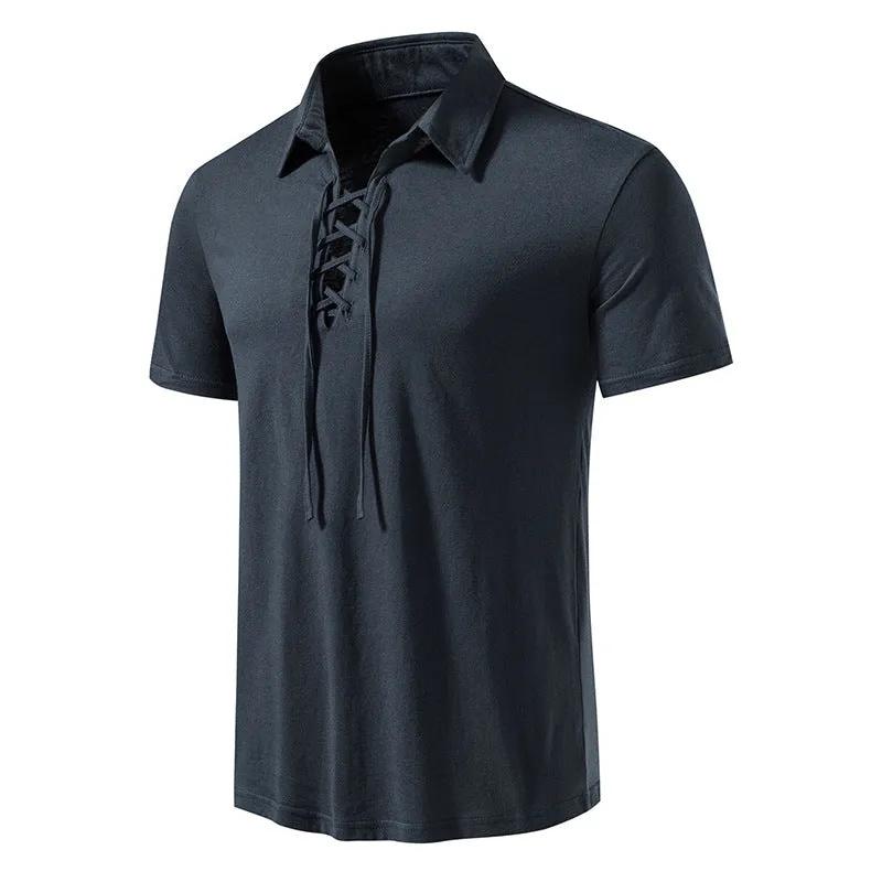 Men Turnover Collar Tied Straps Short Sleeves T-Shirt