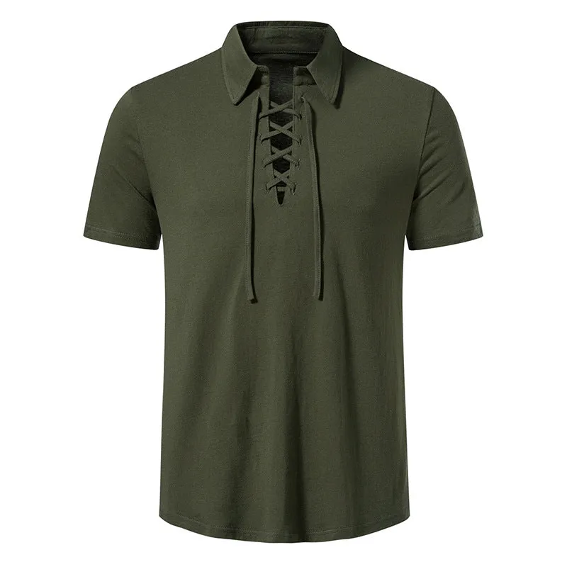 Men Turnover Collar Tied Straps Short Sleeves T-Shirt