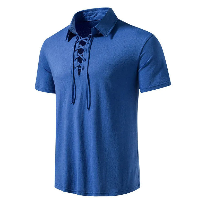 Men Turnover Collar Tied Straps Short Sleeves T-Shirt