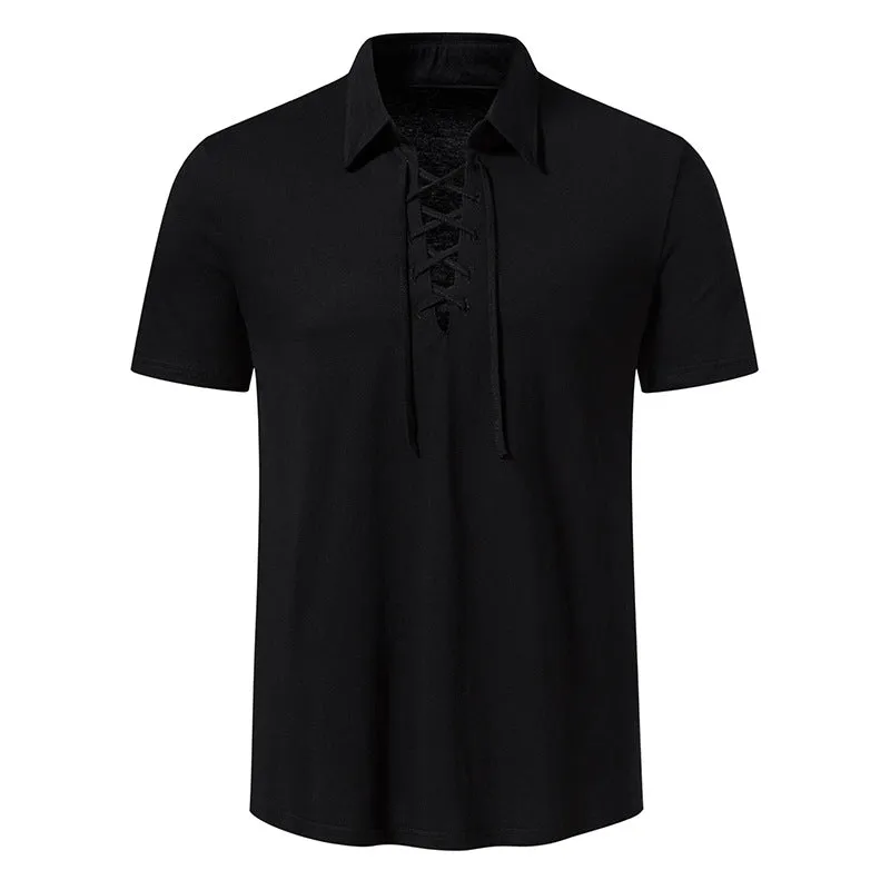 Men Turnover Collar Tied Straps Short Sleeves T-Shirt