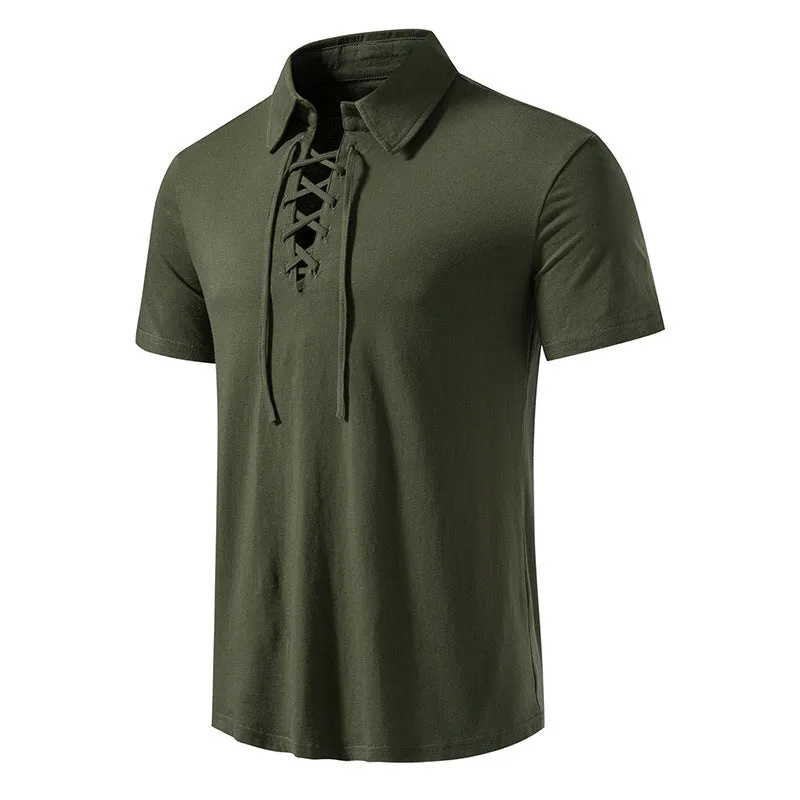 Men Turnover Collar Tied Straps Short Sleeves T-Shirt