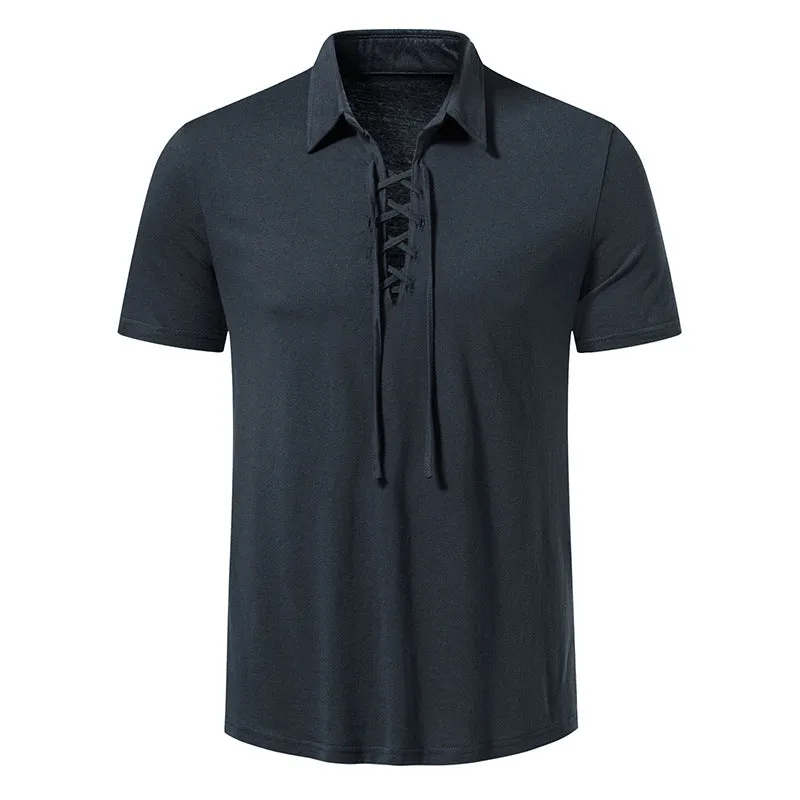 Men Turnover Collar Tied Straps Short Sleeves T-Shirt