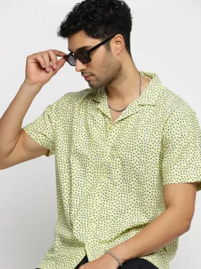 Men Yellow Cuban Collar Floral Shirt