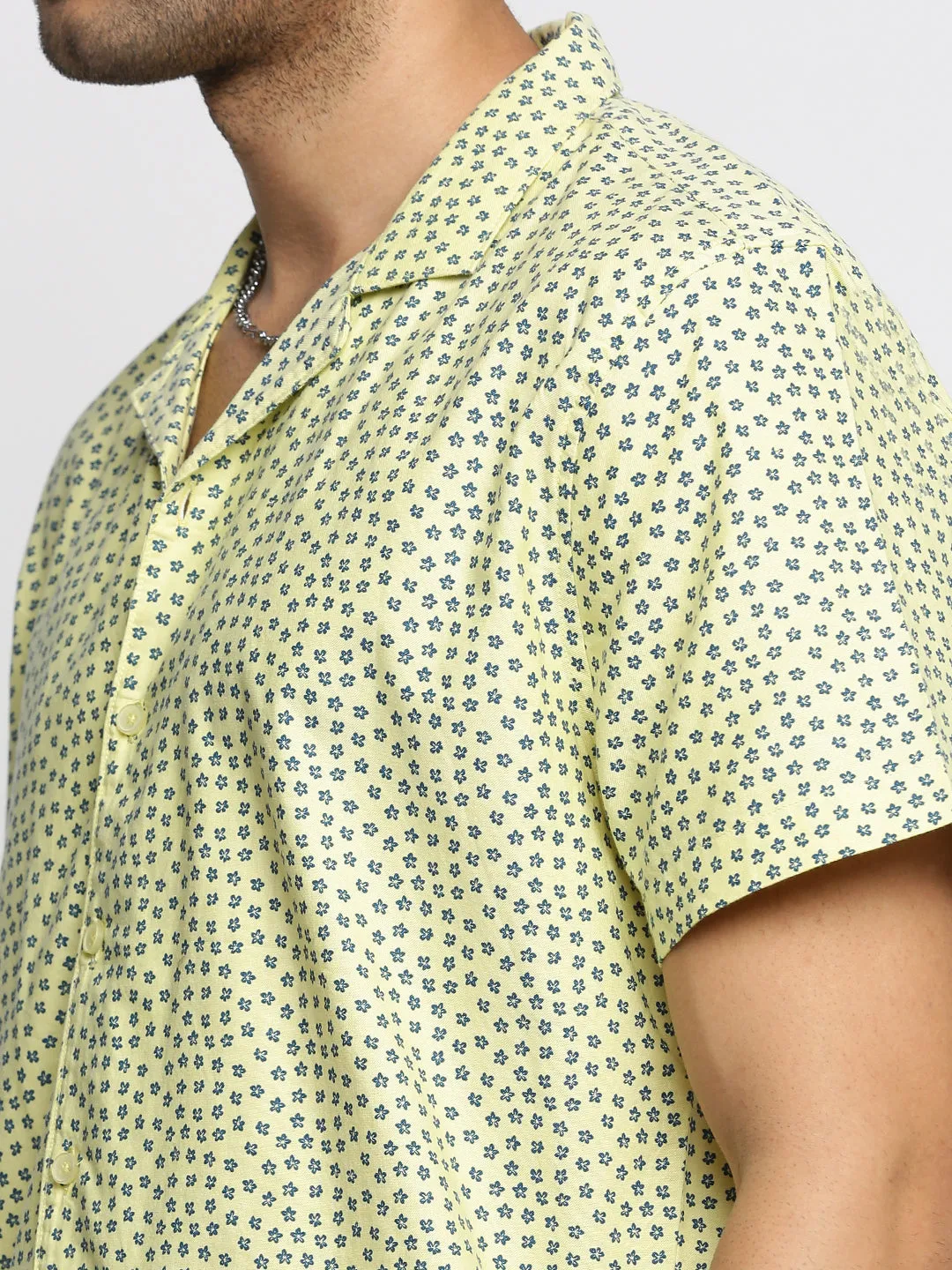 Men Yellow Cuban Collar Floral Shirt