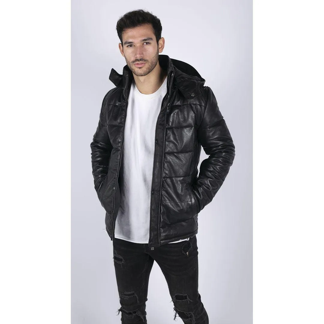 Mens Puffer Hood Quilted Jacket Real Leather Black Casual Retro 80s Classic Casual