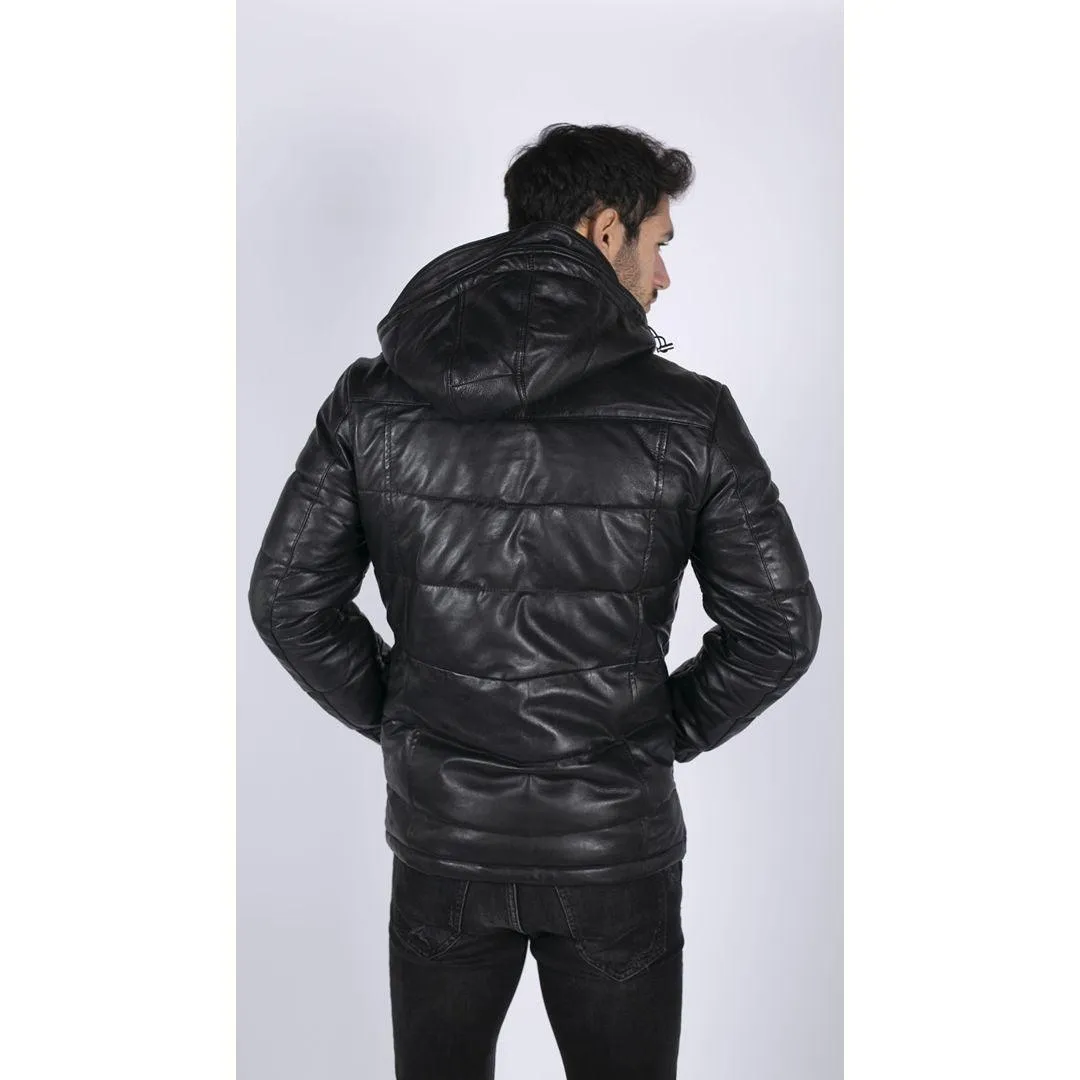 Mens Puffer Hood Quilted Jacket Real Leather Black Casual Retro 80s Classic Casual