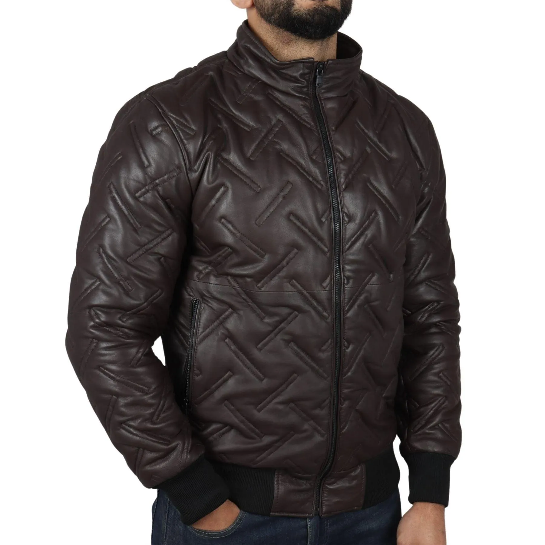 Men's Puffer Quilted Bomber Jacket Real Leather Casual