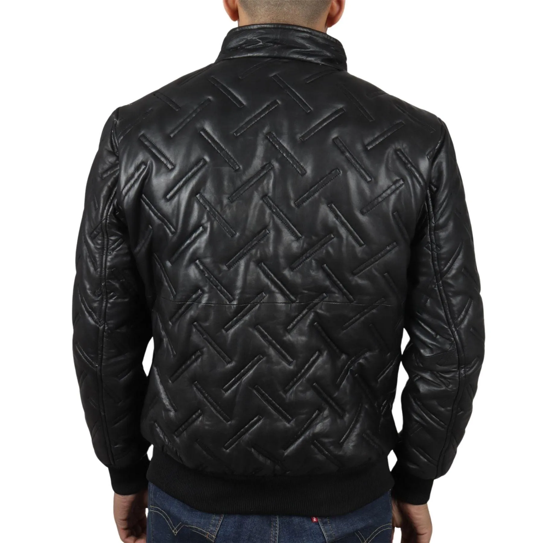 Men's Puffer Quilted Bomber Jacket Real Leather Casual