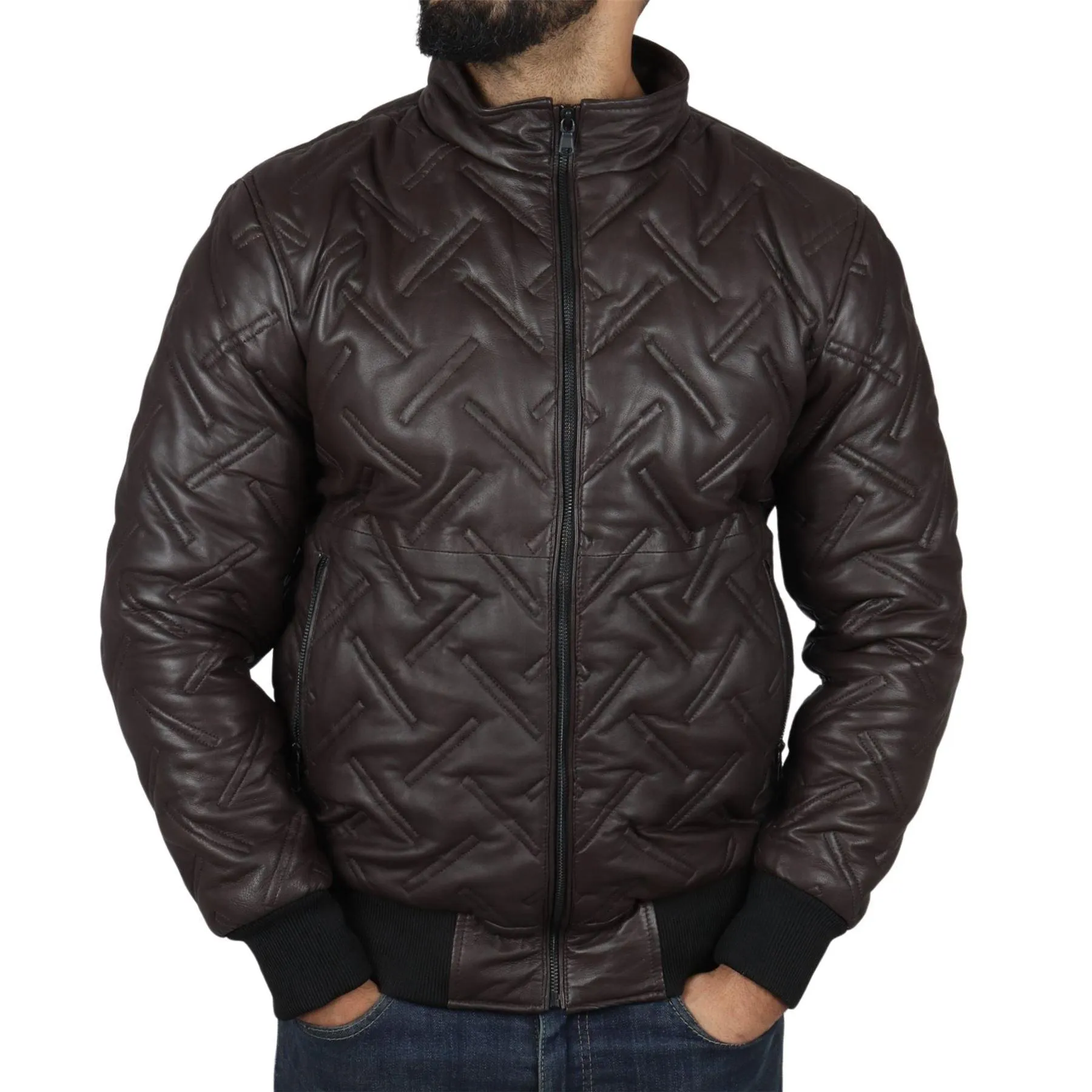 Men's Puffer Quilted Bomber Jacket Real Leather Casual