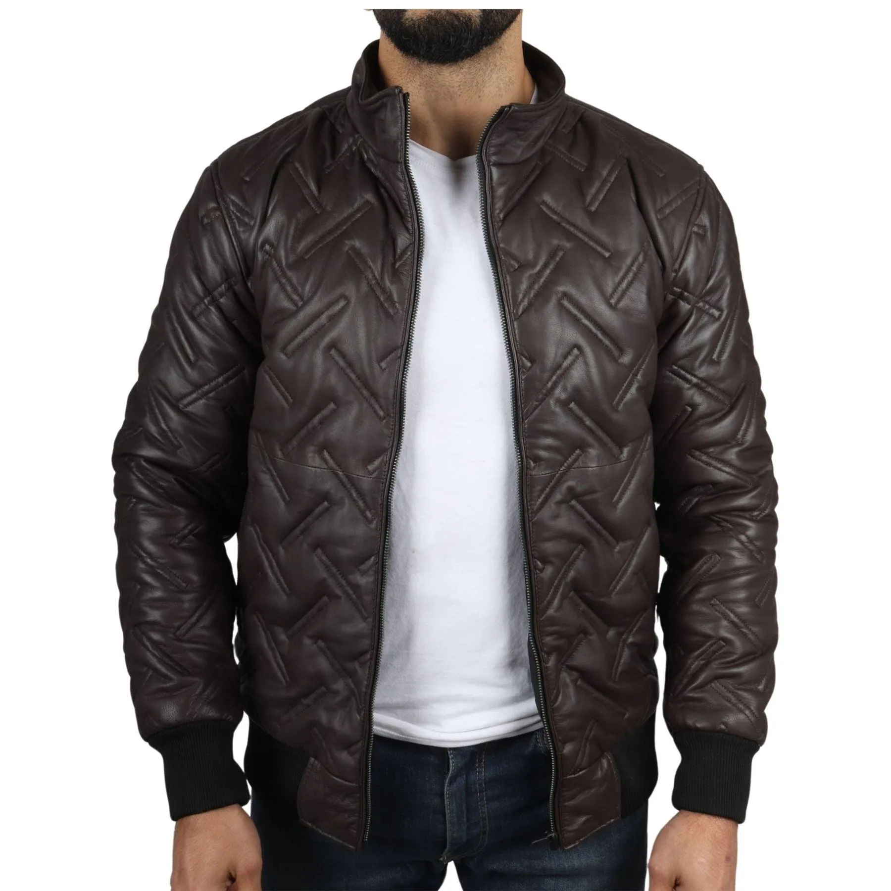 Men's Puffer Quilted Bomber Jacket Real Leather Casual