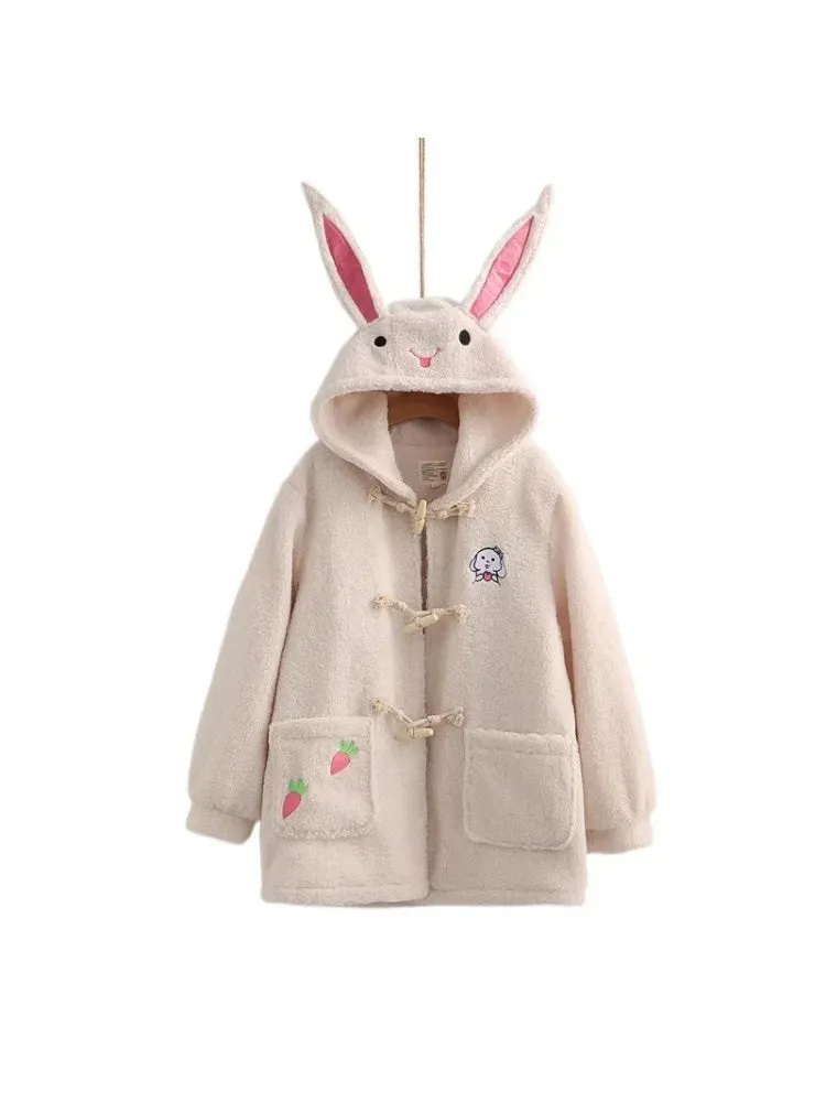 Metaversmall Women Wool & Blends Hooded Coats JacketsSolid Sweet Style Cartoon Rabbit Embroidery Harajuku Outerwear Winter Cute Tops