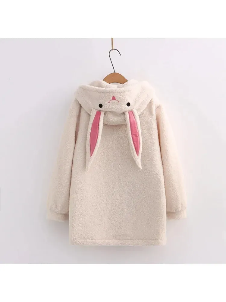 Metaversmall Women Wool & Blends Hooded Coats JacketsSolid Sweet Style Cartoon Rabbit Embroidery Harajuku Outerwear Winter Cute Tops