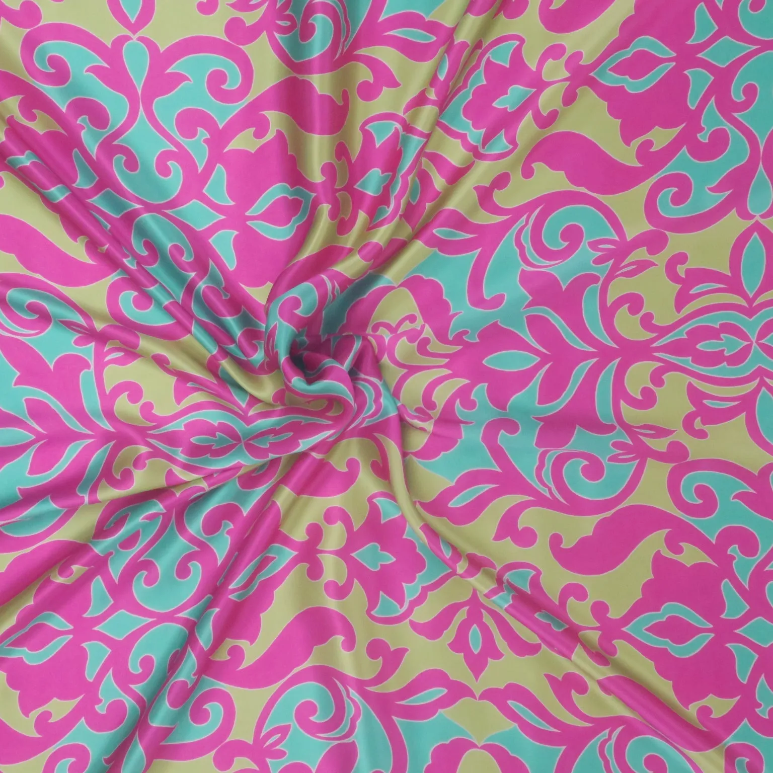 Mint Green and Fuchsia Vintage Ornaments Printed Silk Charmeuse Fabric