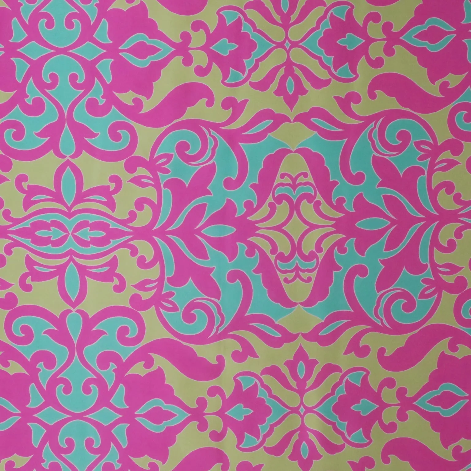 Mint Green and Fuchsia Vintage Ornaments Printed Silk Charmeuse Fabric