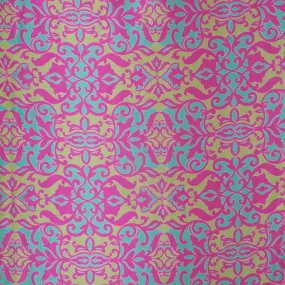 Mint Green and Fuchsia Vintage Ornaments Printed Silk Charmeuse Fabric