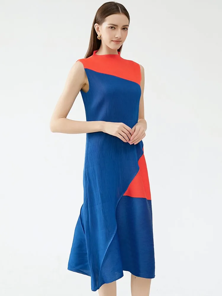 Miyake Pleated Contrast Irregular Spliced Midi Dress