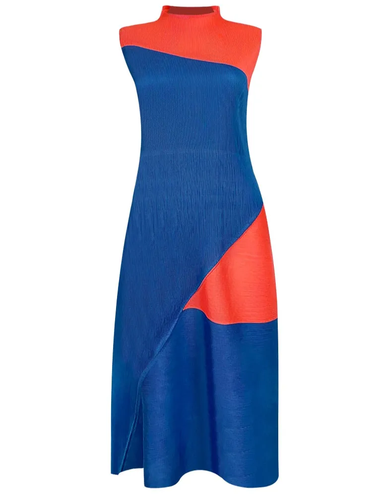 Miyake Pleated Contrast Irregular Spliced Midi Dress