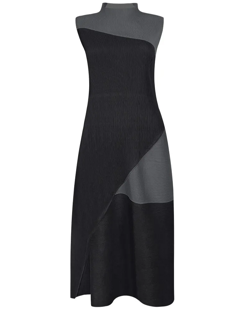 Miyake Pleated Contrast Irregular Spliced Midi Dress