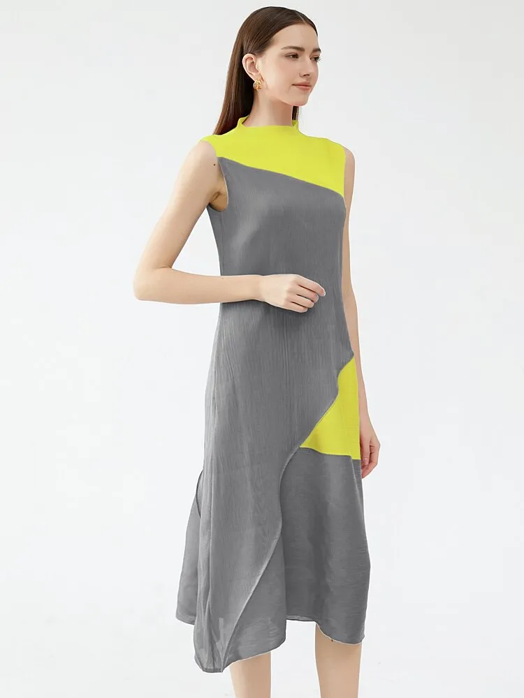 Miyake Pleated Contrast Irregular Spliced Midi Dress