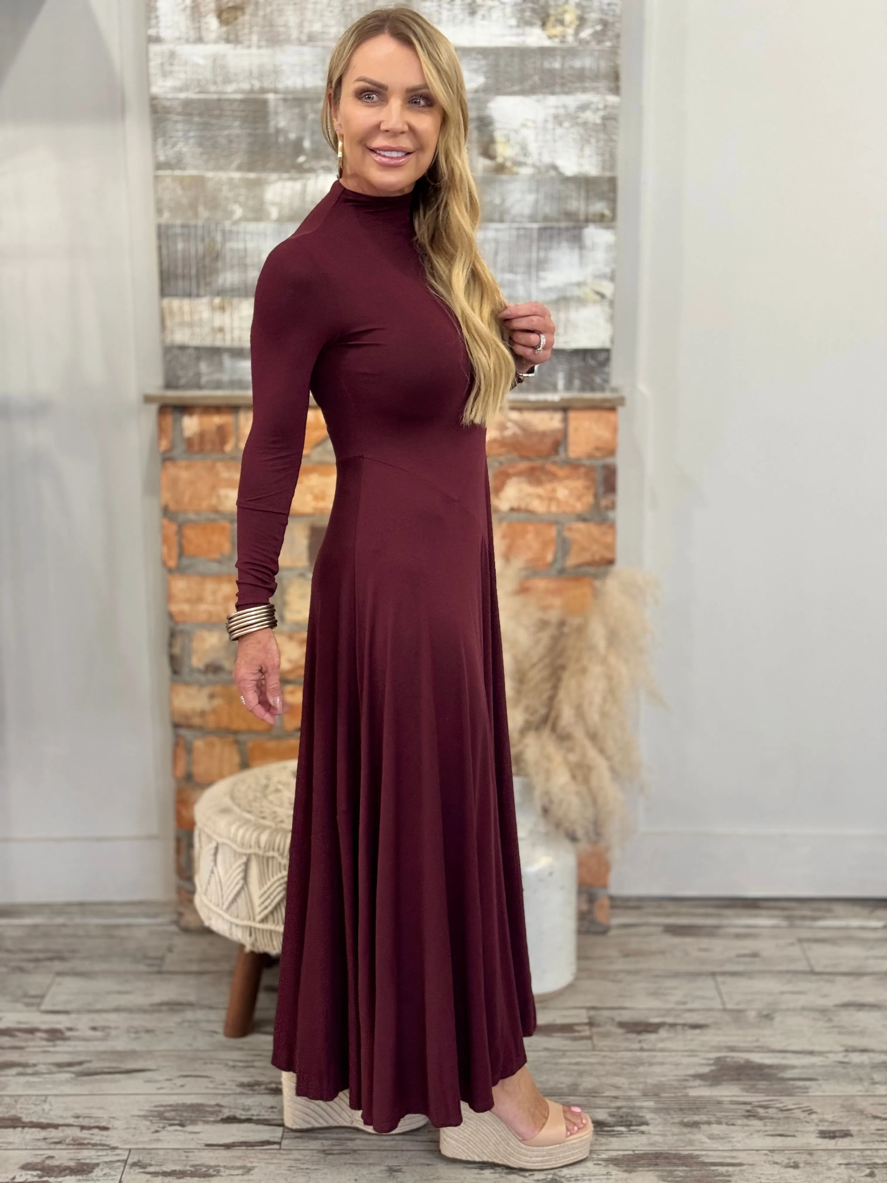 Mock Neck Drop Waist Maxi Dress