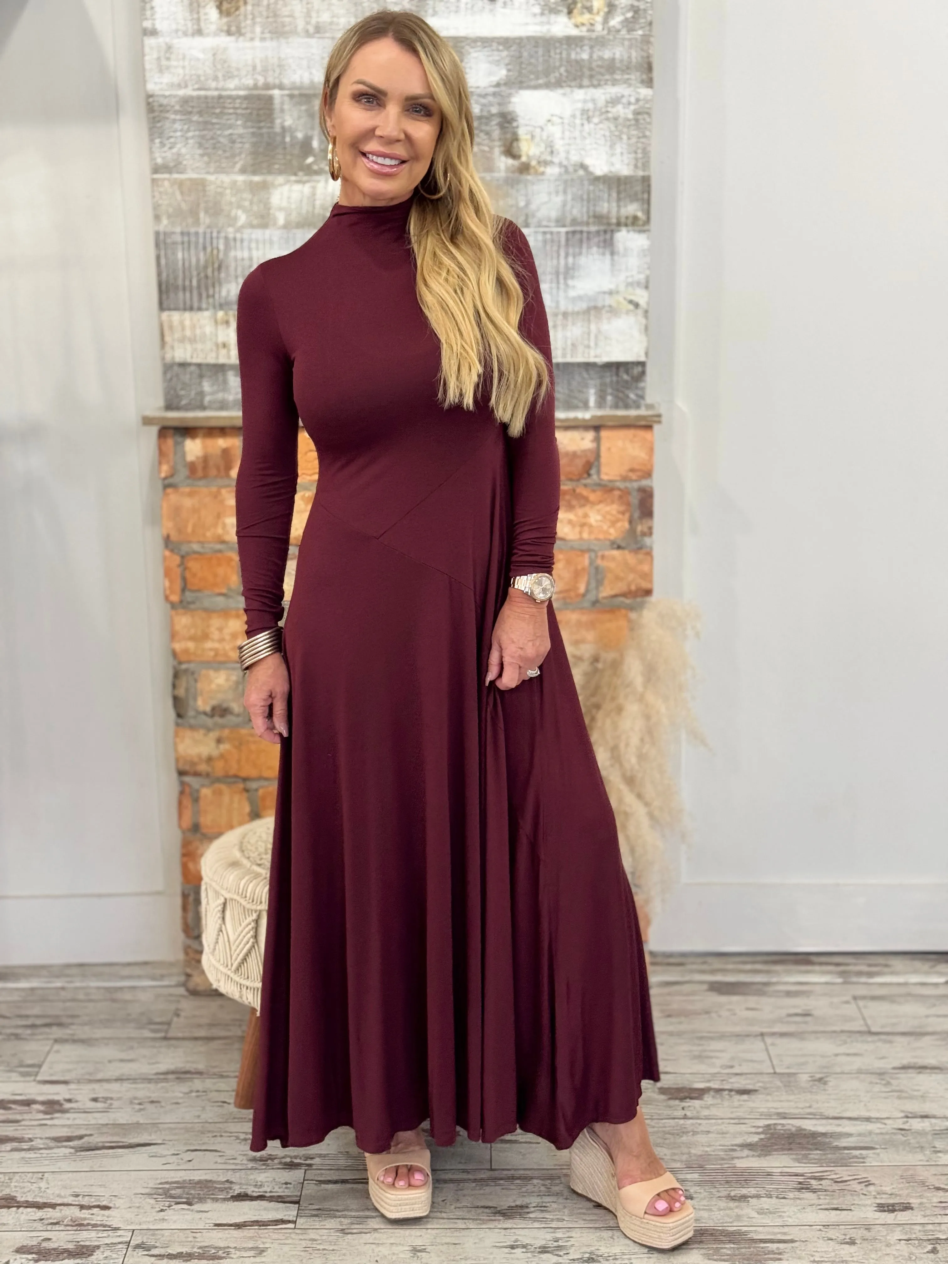 Mock Neck Drop Waist Maxi Dress