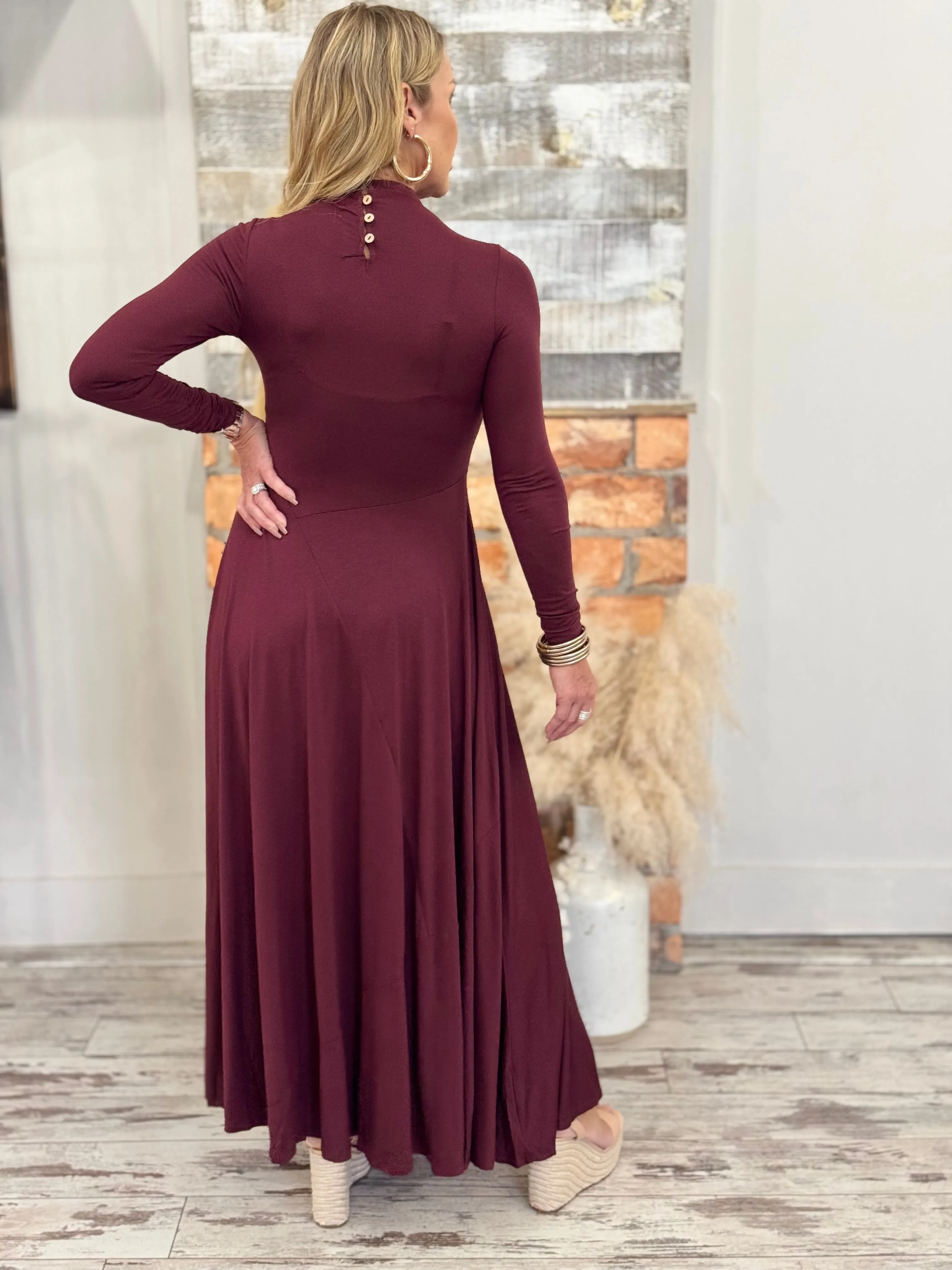 Mock Neck Drop Waist Maxi Dress