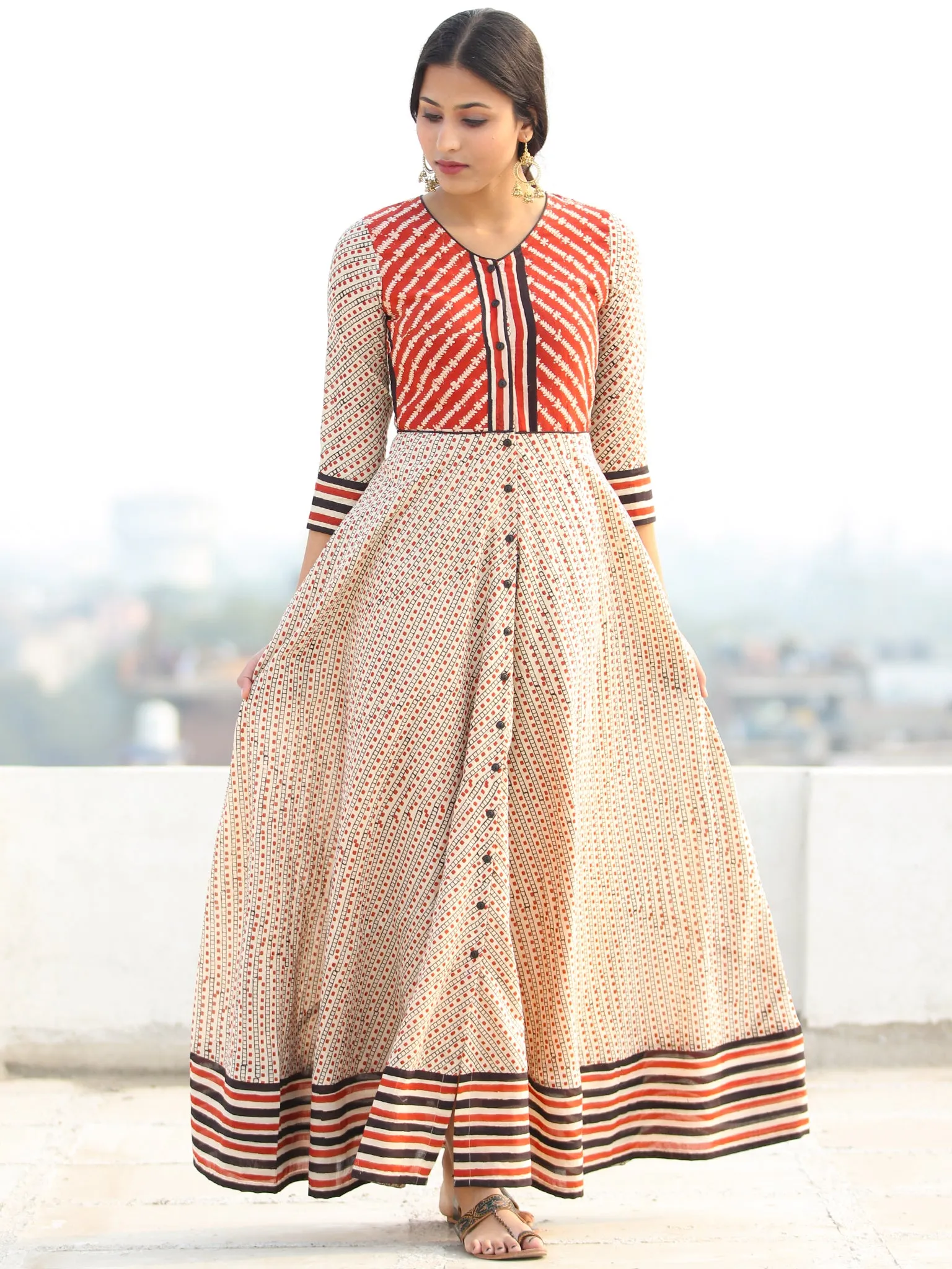 Naaz Ragni - Hand Block Geometric Printed Long Cotton Shirt Urave Cut Dress - DS90F001