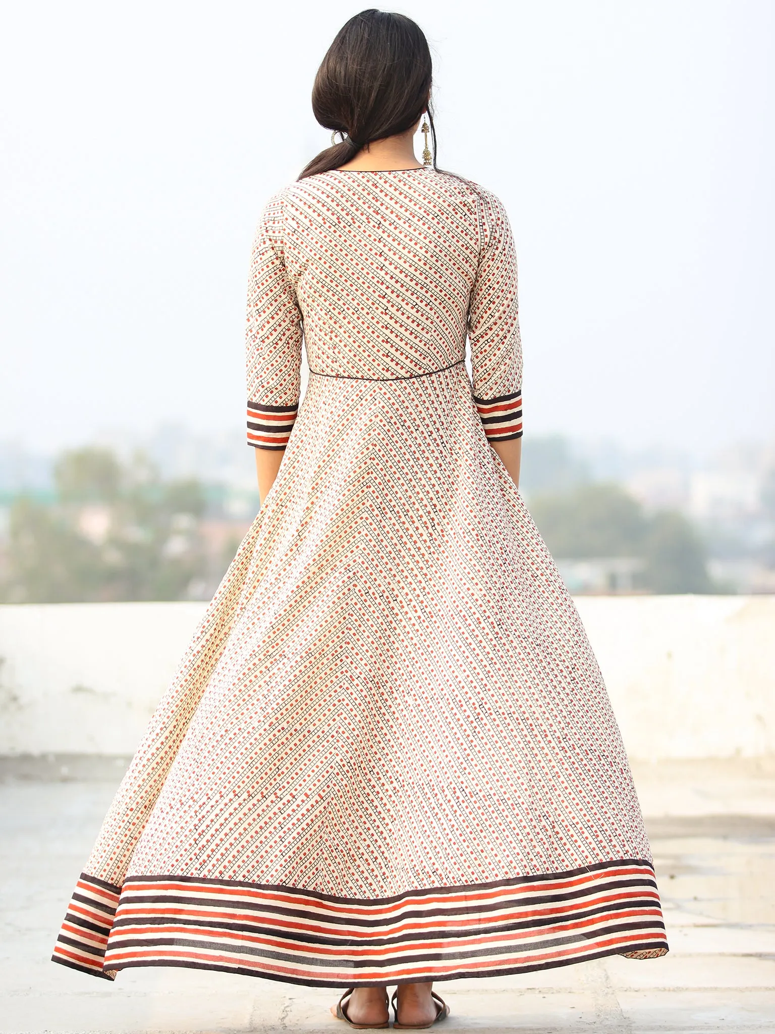 Naaz Ragni - Hand Block Geometric Printed Long Cotton Shirt Urave Cut Dress - DS90F001