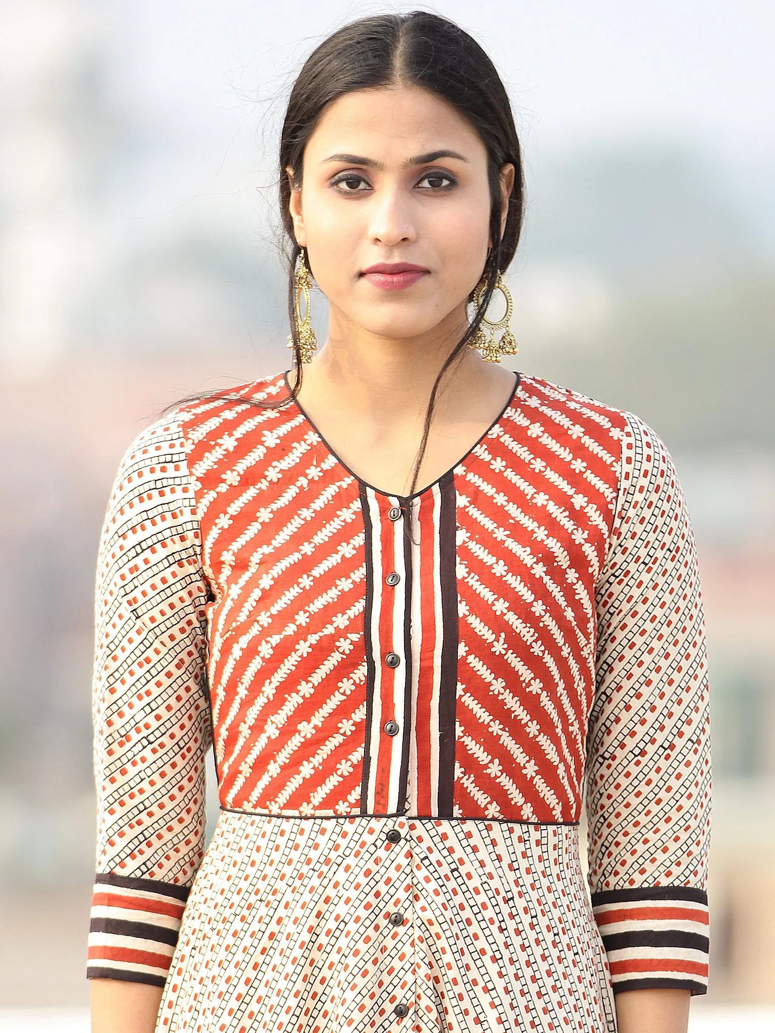 Naaz Ragni - Hand Block Geometric Printed Long Cotton Shirt Urave Cut Dress - DS90F001