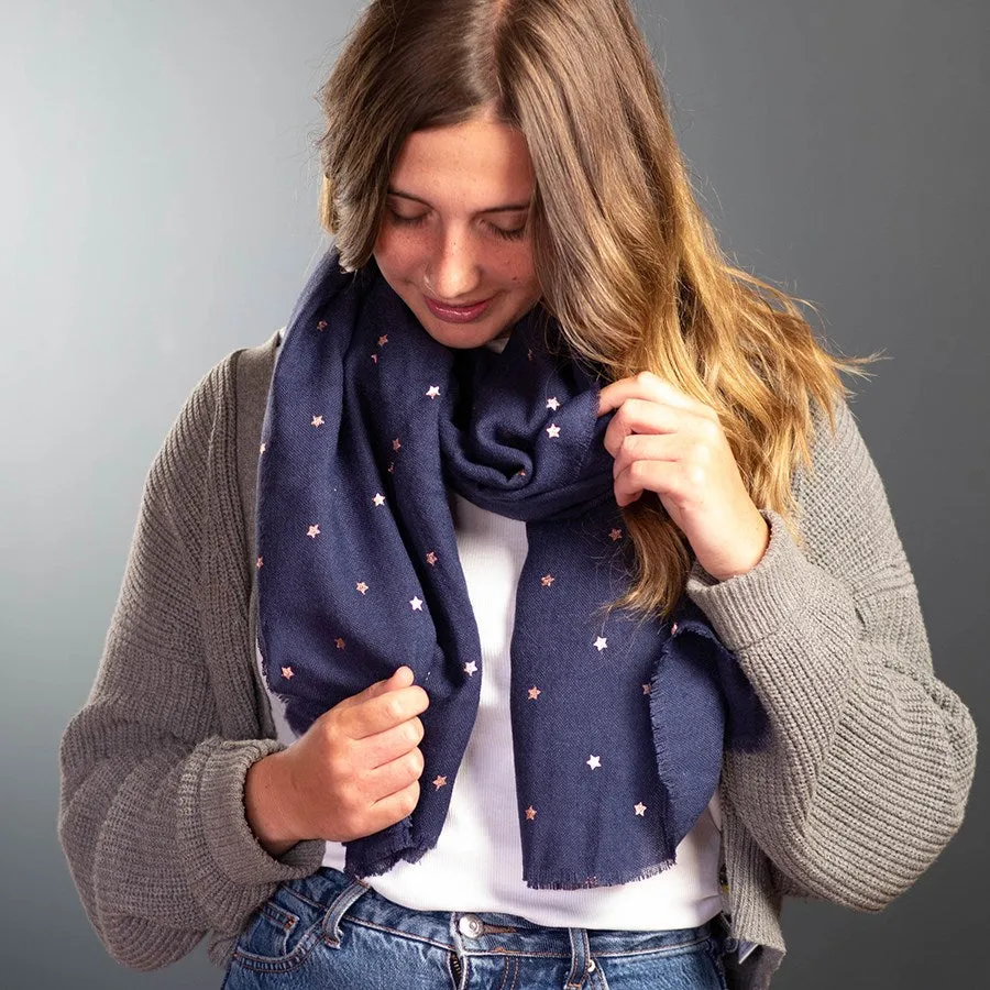 Navy Blue Scarf With Rose Gold Stars