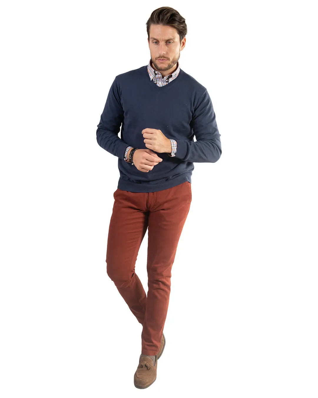 Navy V-Neck Cotton Cashmere Jumper