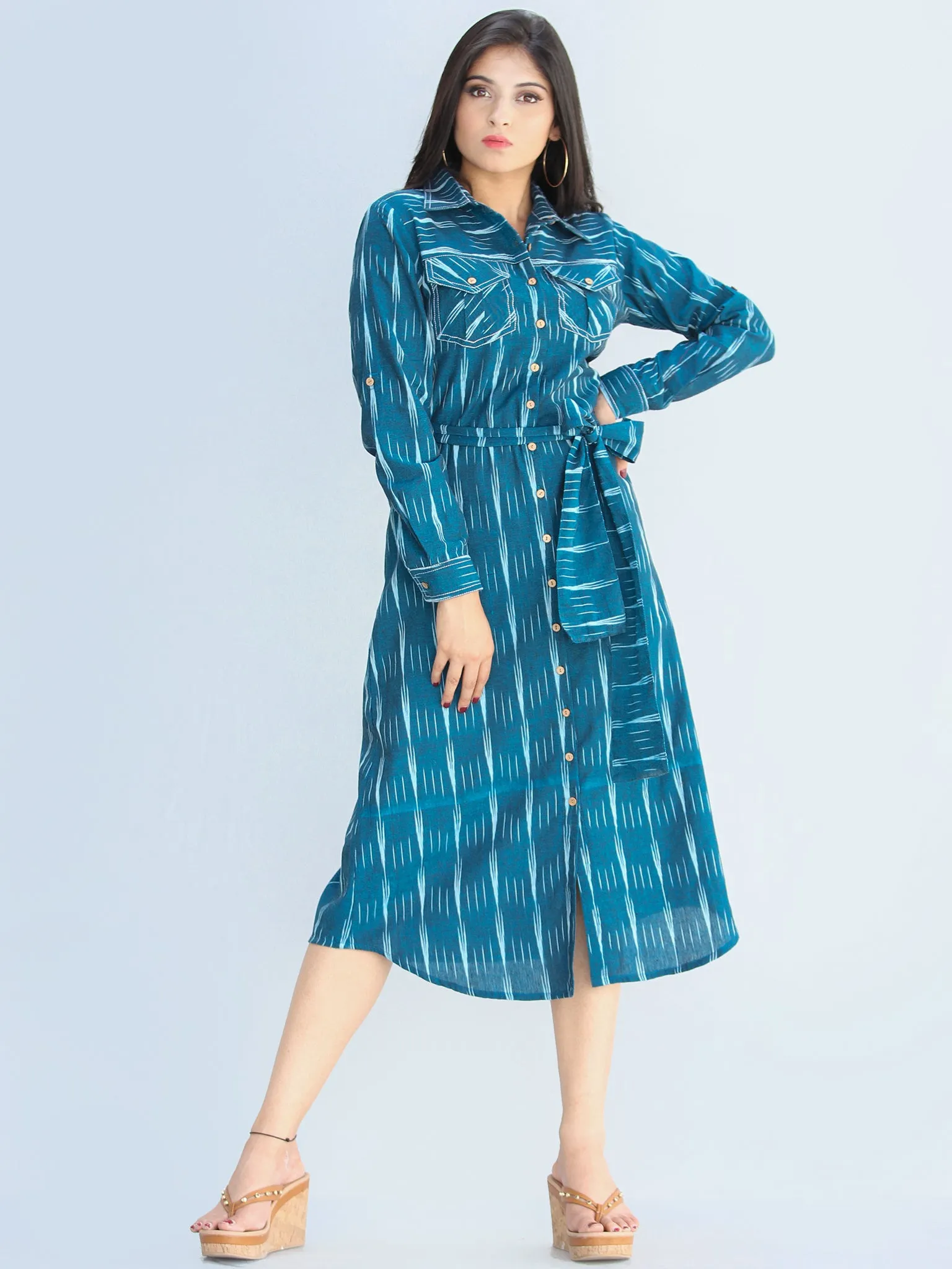 Nazan - Handwoven Ikat Tie Up Shirt Dress - D423F1947