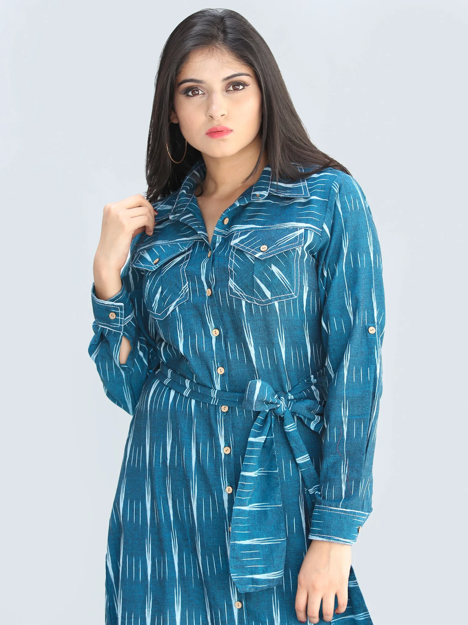 Nazan - Handwoven Ikat Tie Up Shirt Dress - D423F1947