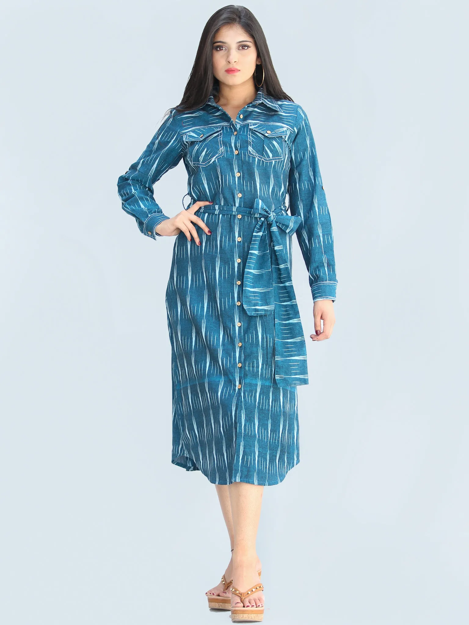 Nazan - Handwoven Ikat Tie Up Shirt Dress - D423F1947