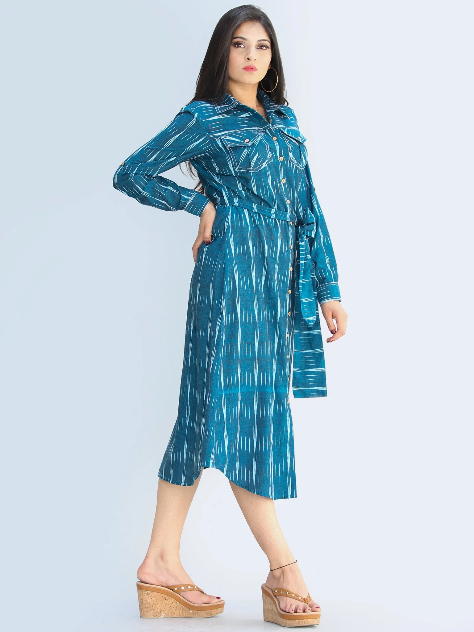 Nazan - Handwoven Ikat Tie Up Shirt Dress - D423F1947