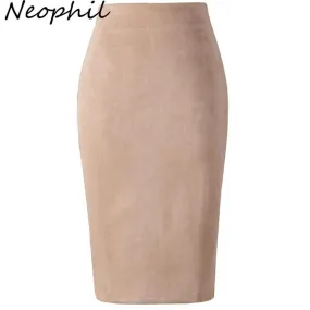 Neophil 2020 Summer Women Suede Midi Pencil Skirt High Waist Gray Pink XXL Sexy Style Stretch Wrap Ladies Office Work Saia S1009