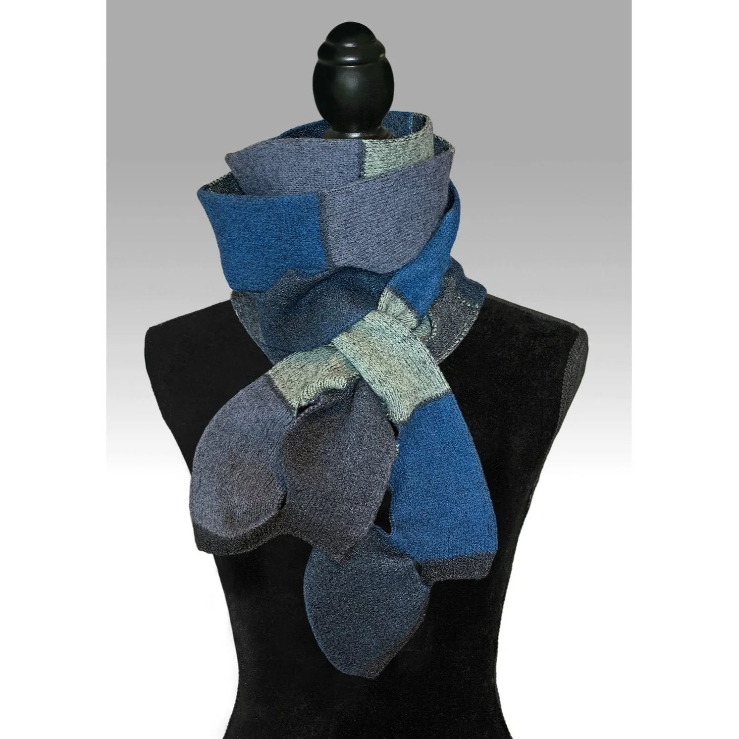 NEW! Double Sided Swiss Scarf in Black with Silver, Moss, and Blue by K.Gereau Textiles