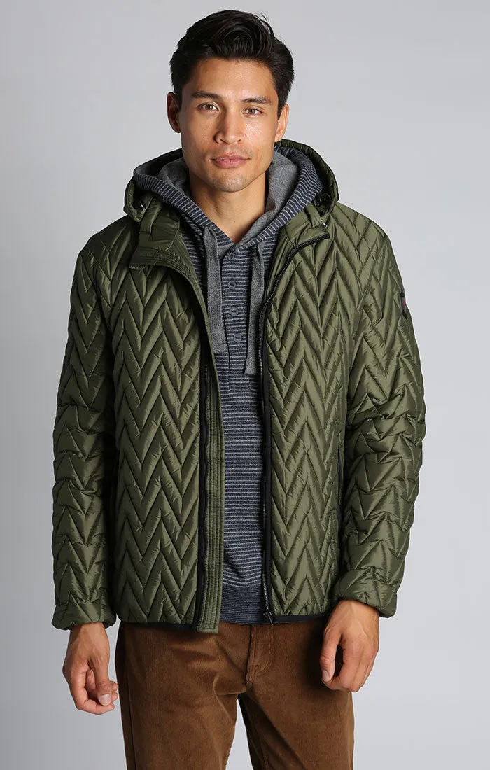 Olive Herringbone Light Puffer Jacket