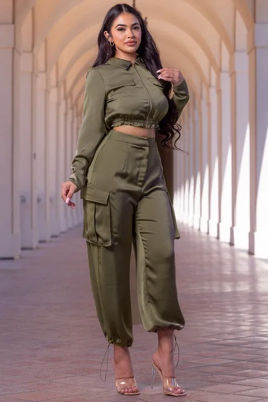 Olive Solid Satin Two Piece Cargo Pant Set