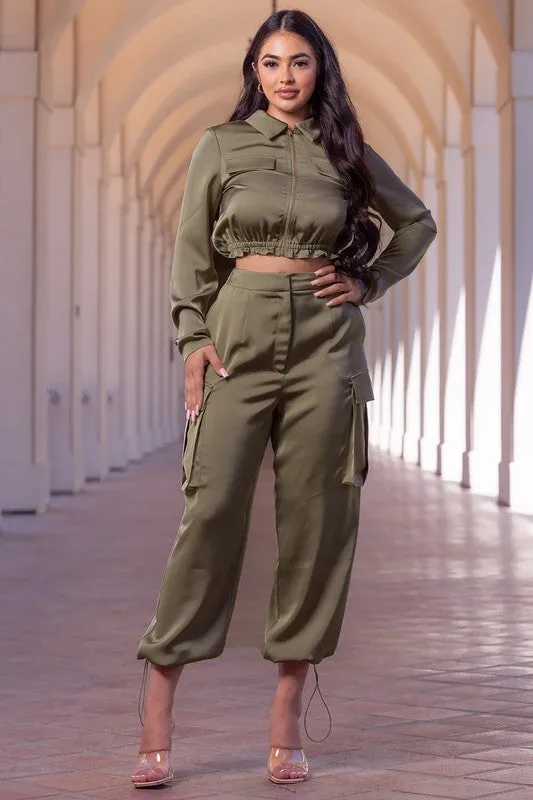 Olive Solid Satin Two Piece Cargo Pant Set